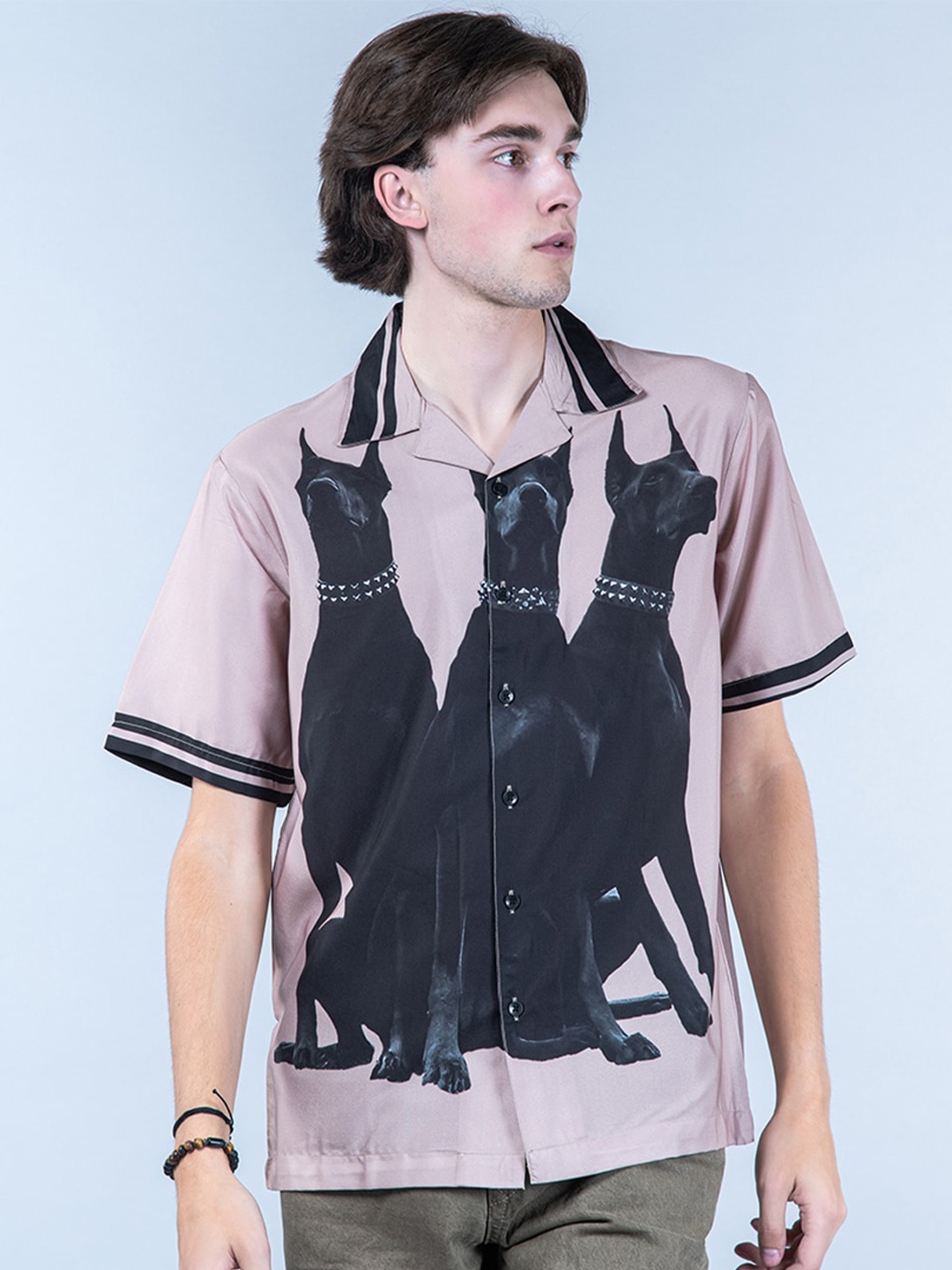

Tistabene New Graphic Printed Cuban Collar Casual Shirt, Beige
