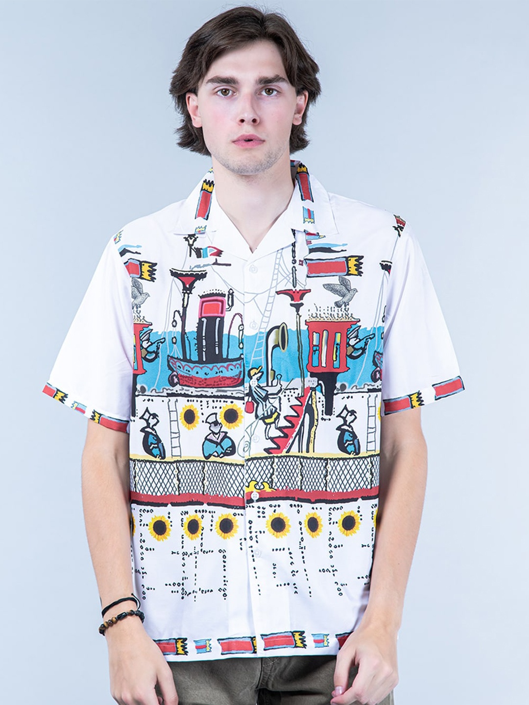 

Tistabene New Graphic Printed Cuban Collar Casual Shirt, White