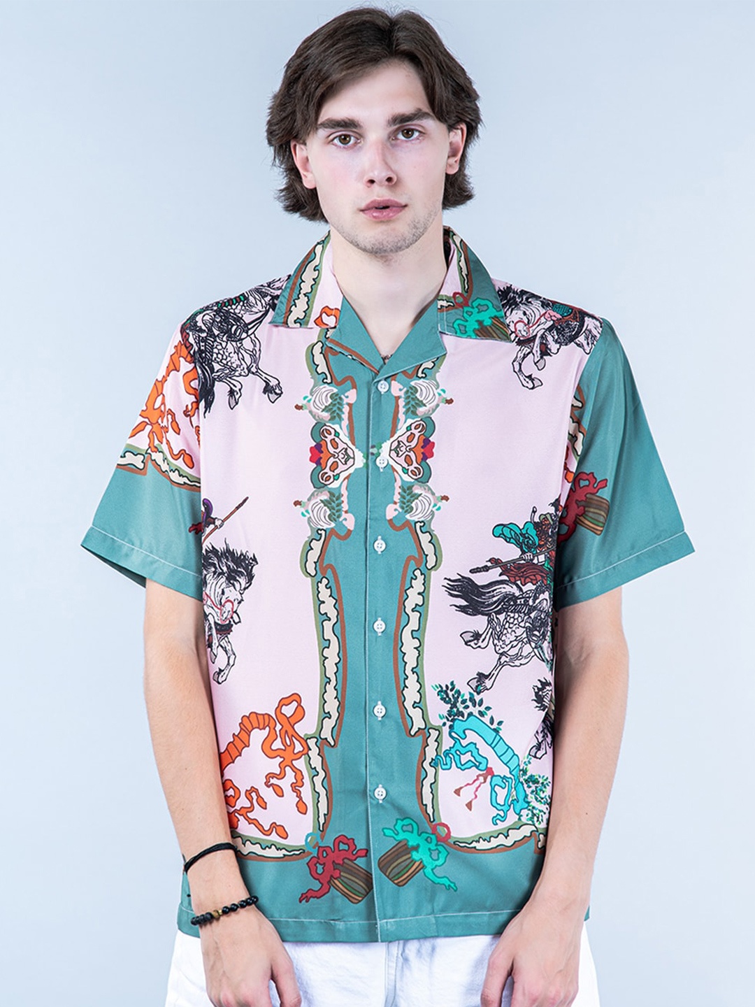 

Tistabene New Graphic Printed Cuban Collar Casual Shirt, Peach