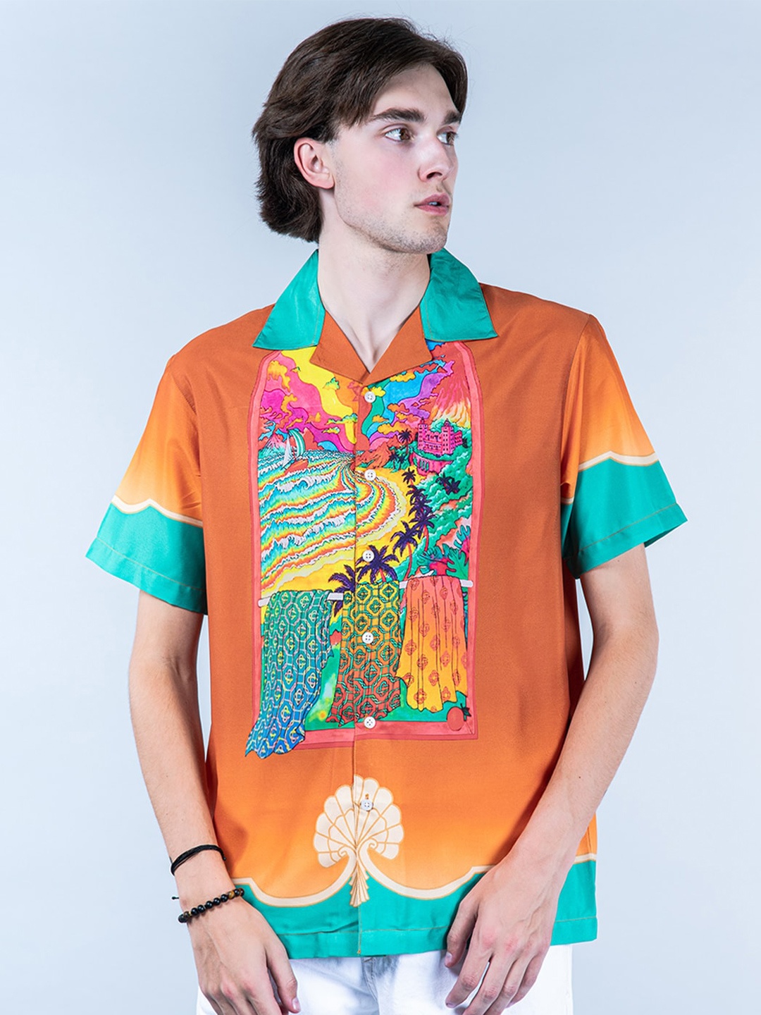 

Tistabene New Graphic Printed Cuban Collar Casual Shirt, Orange