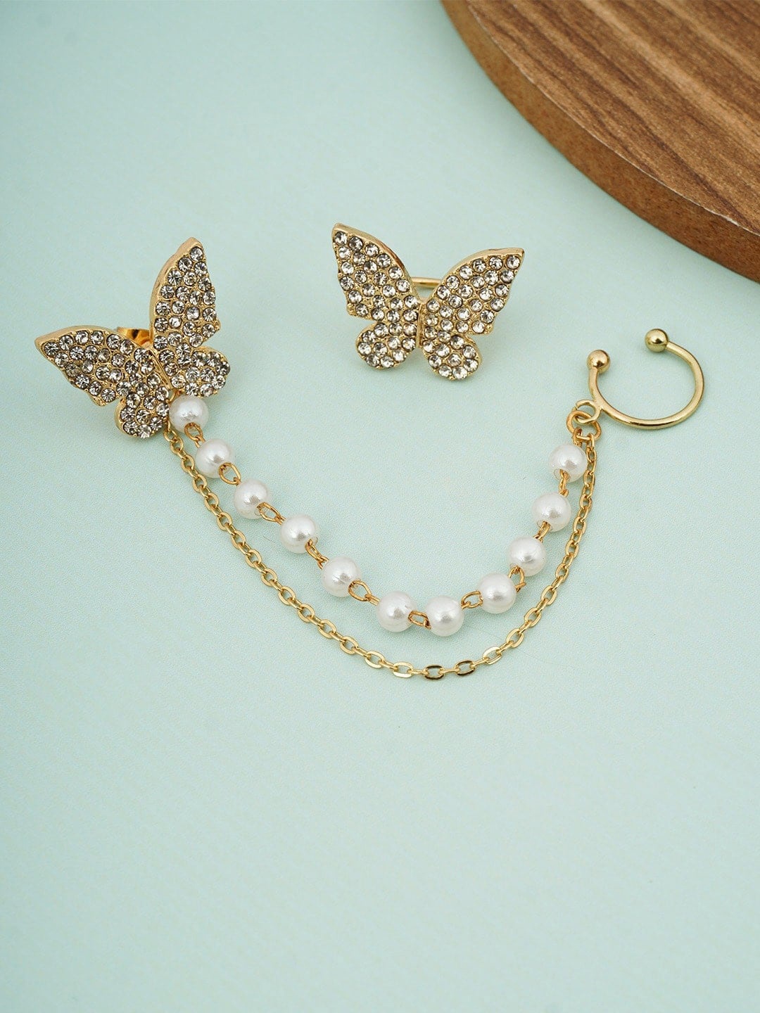 

Krelin Gold-Plated Classic Butterfly Stone Studded Pearl Chain Ear Cuff Earrings