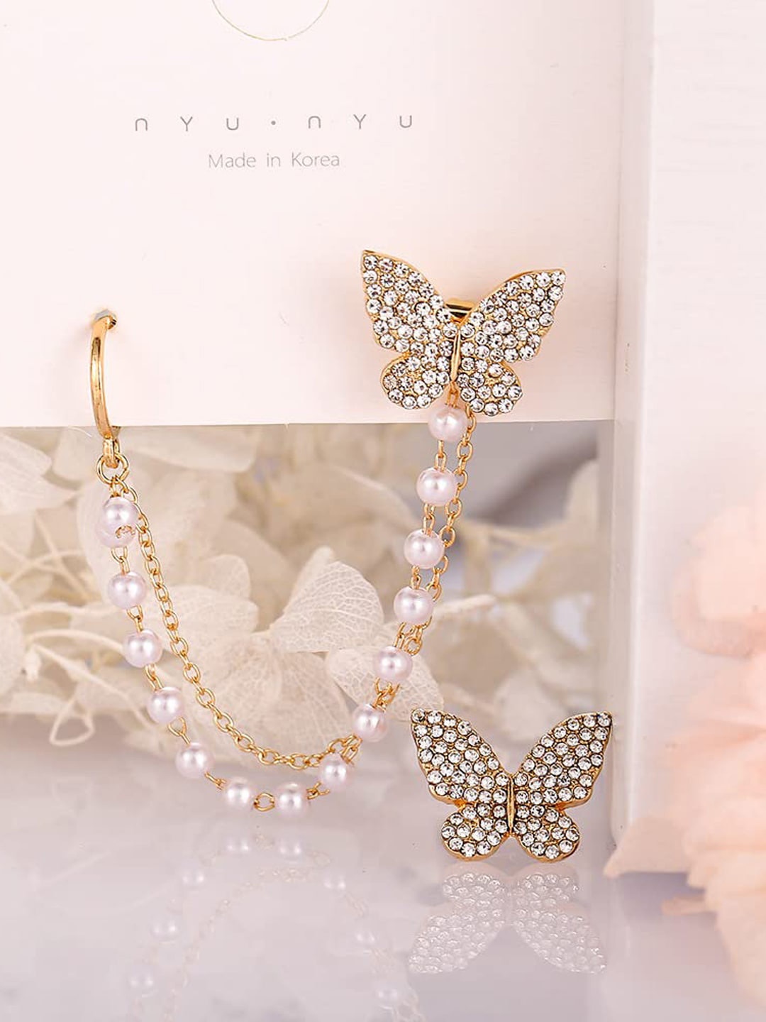 

Krelin Gold Plated Classic Butterfly Stone Studded Pearl Chain Ear Cuff Earrings