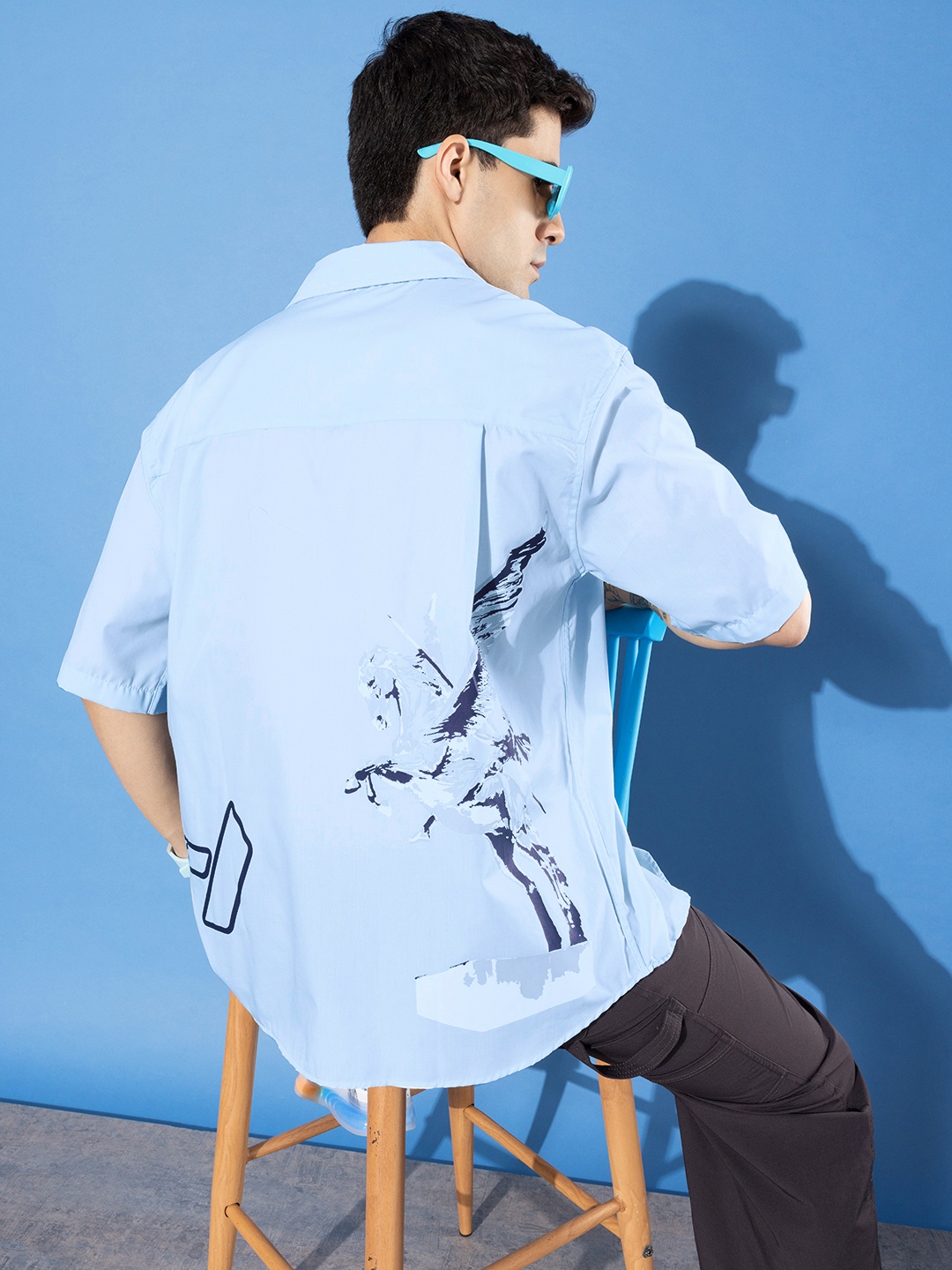 

UNRL Boxy Opaque Printed Casual Shirt, Blue