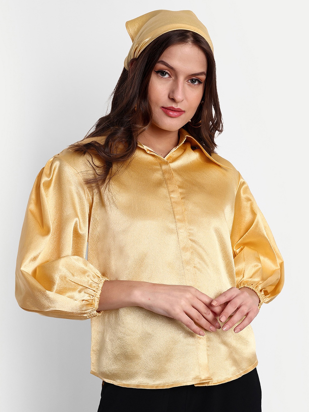 

ESSQUE Shirt Collar Puff Sleeves Satin Shirt Style Top, Yellow