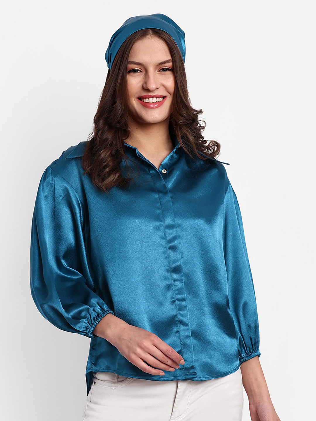 

ESSQUE Shirt Collar Puff Sleeves Satin Shirt Style Top, Blue