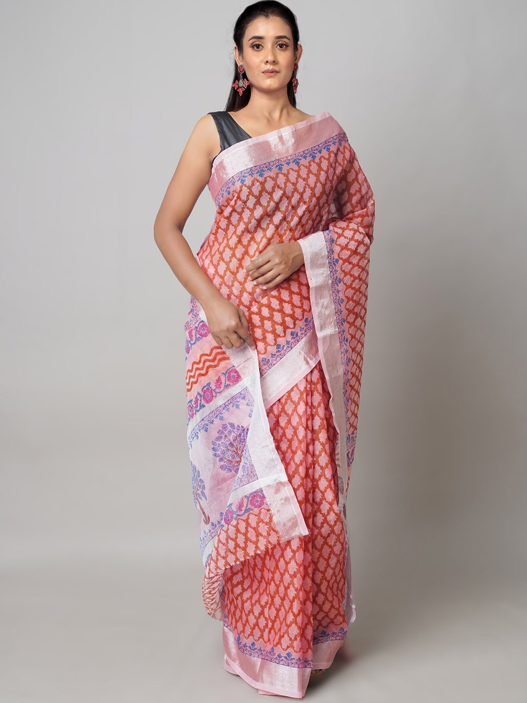 

Unnati Silks Ethnic Motifs Printed Zari Pure Cotton Kota Saree, Orange