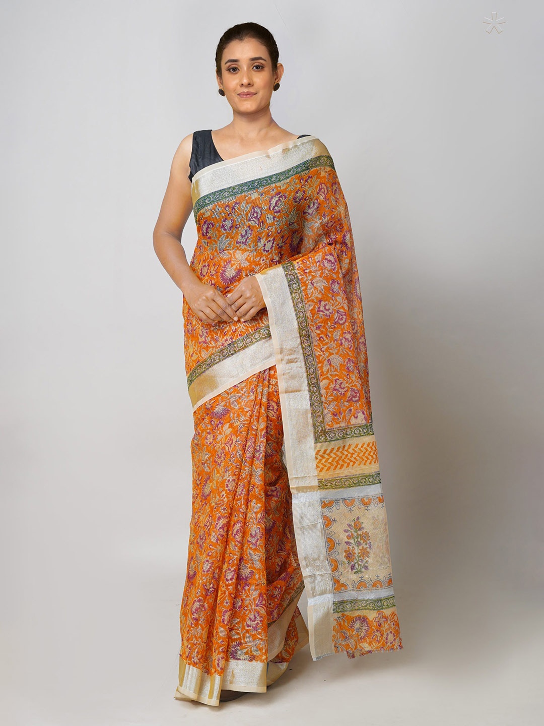 

Unnati Silks Ethnic Motifs Printed Zari Pure Cotton Kota Saree, Orange