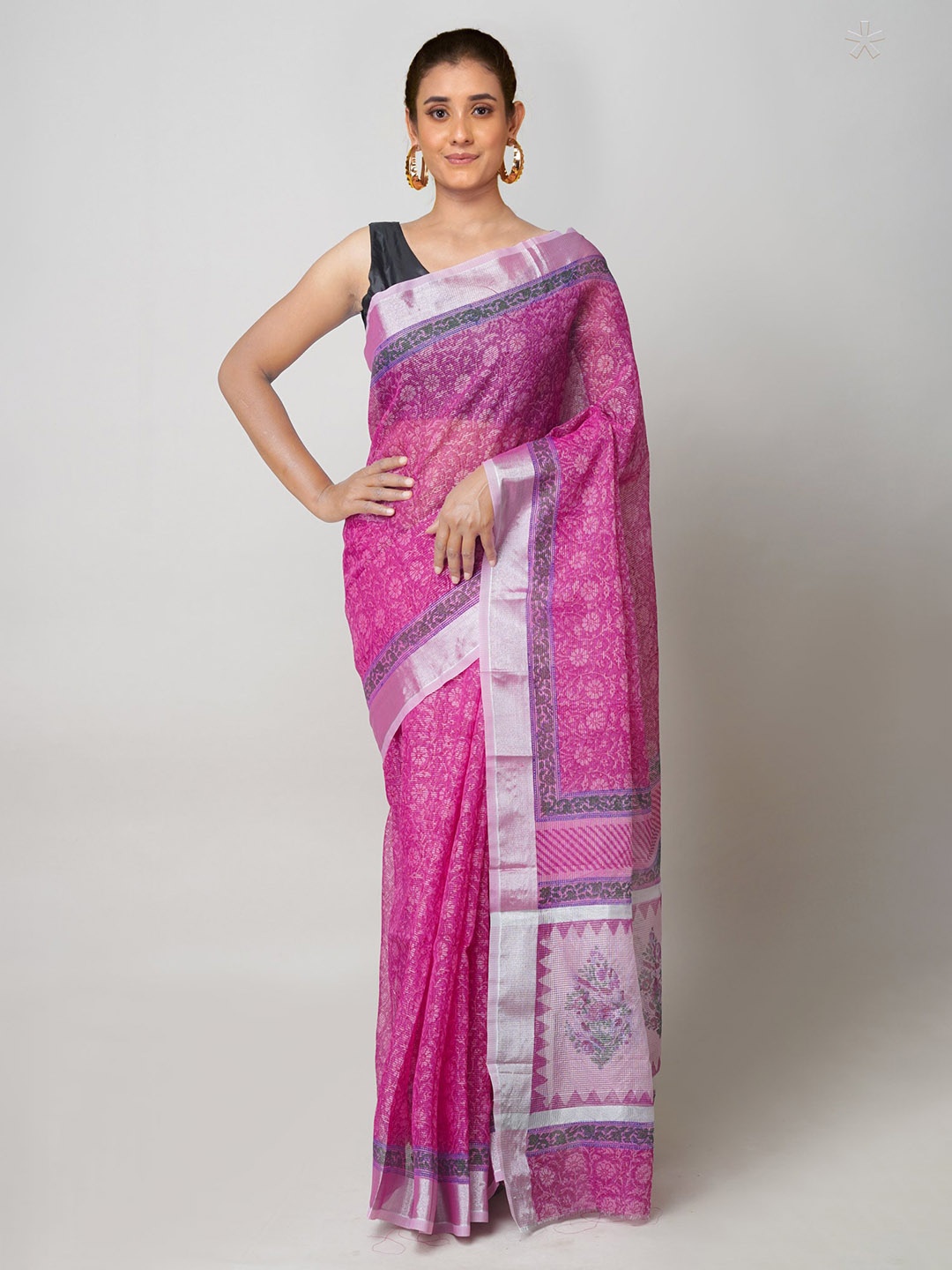 

Unnati Silks Floral Printed Zari Pure Cotton Handloom Kota Saree, Pink