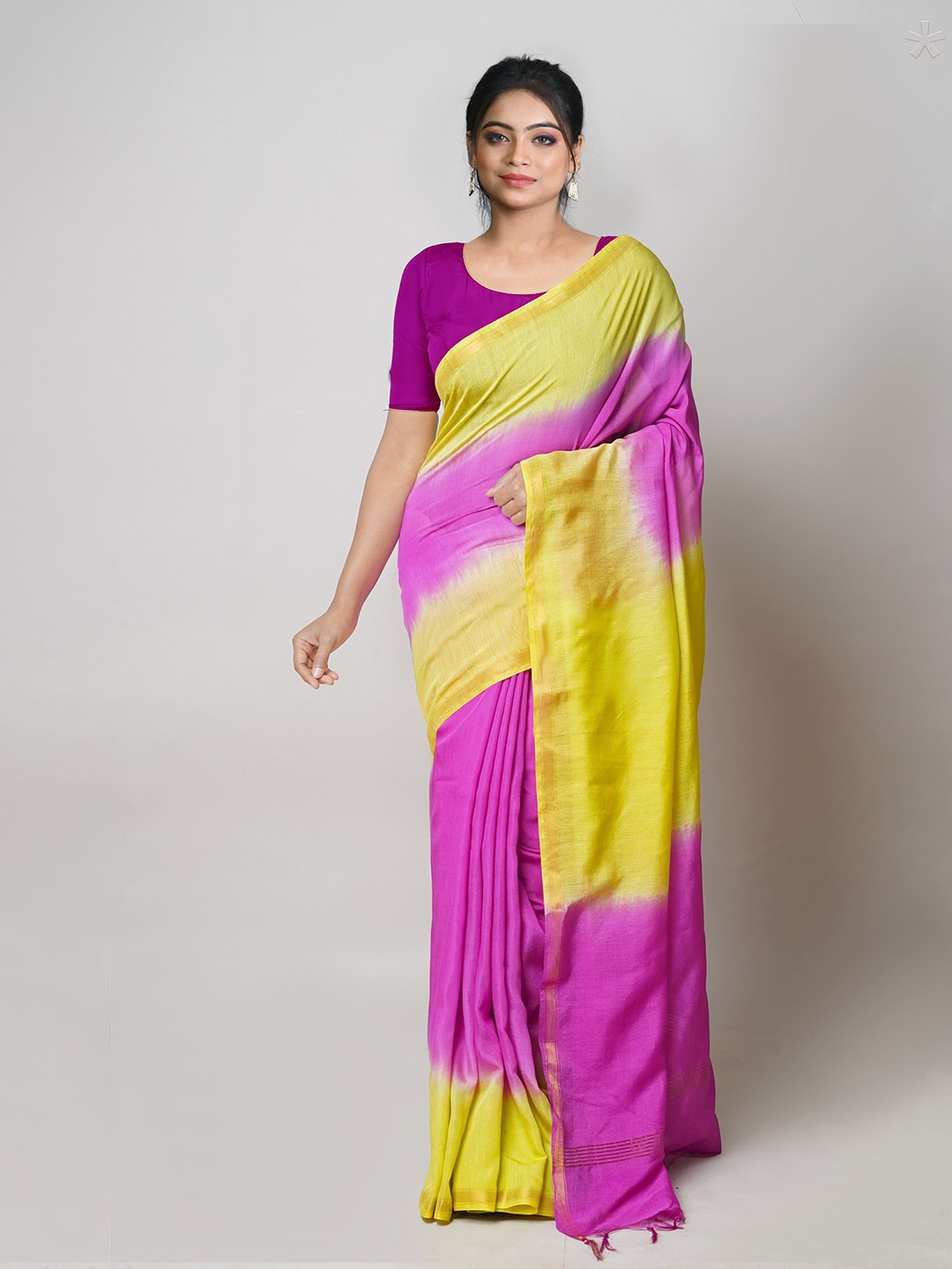 

Unnati Silks Ombre Dyed Zari Silk Cotton Chanderi Saree, Fuchsia