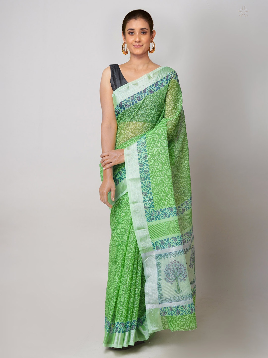

Unnati Silks Paisley Printed Zari Pure Cotton Kota Saree, Green