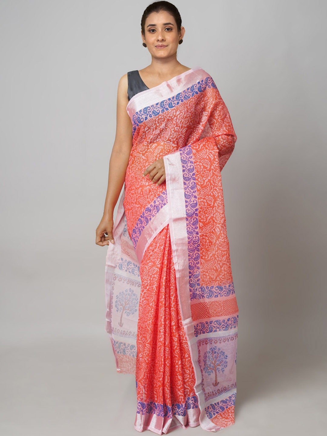 

Unnati Silks Ethnic Motifs Printed Zari Pure Cotton Kota Saree, Orange