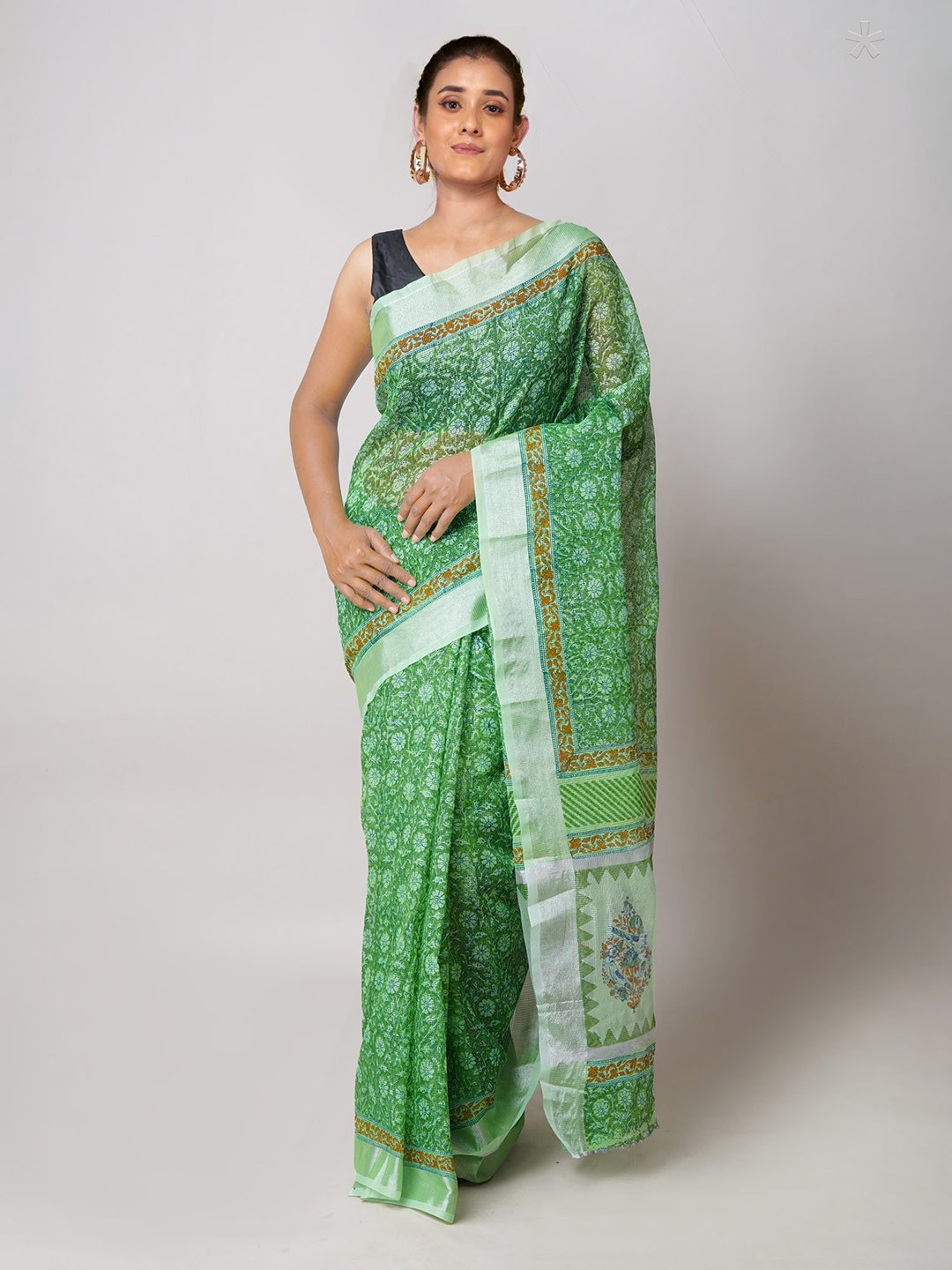 

Unnati Silks Floral Printed Zari Pure Cotton Kota Saree, Green