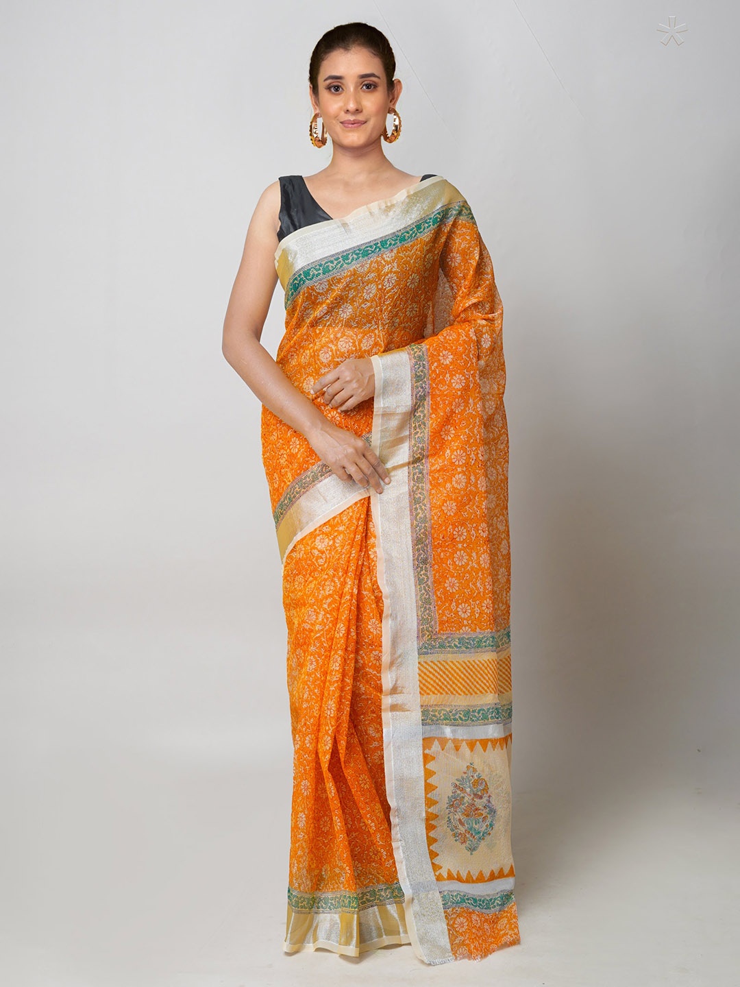 

Unnati Silks Ethnic Motifs Printed Zari Pure Cotton Kota Saree, Orange