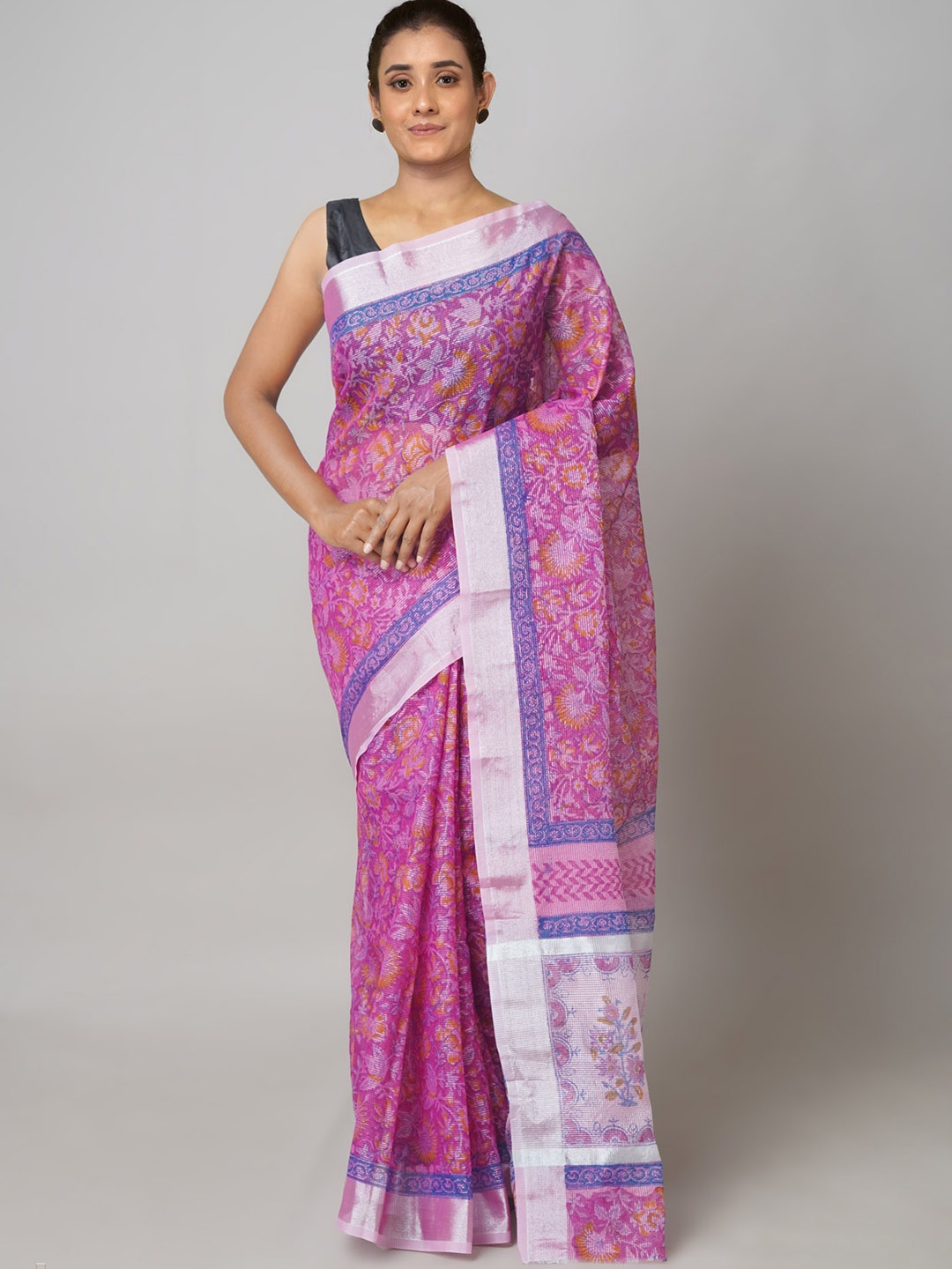 

Unnati Silks Floral Printed Pure Cotton Zari Detail Kota Saree, Pink