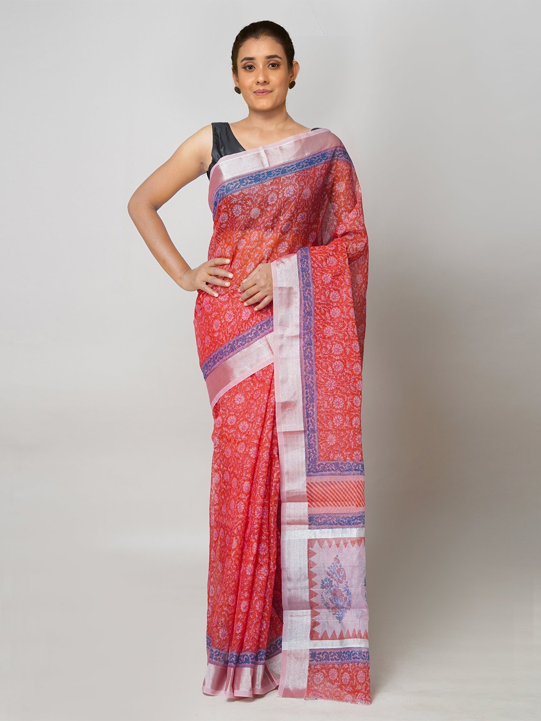 

Unnati Silks Ethnic Motifs Printed Zari Pure Cotton Handloom Kota Saree, Red
