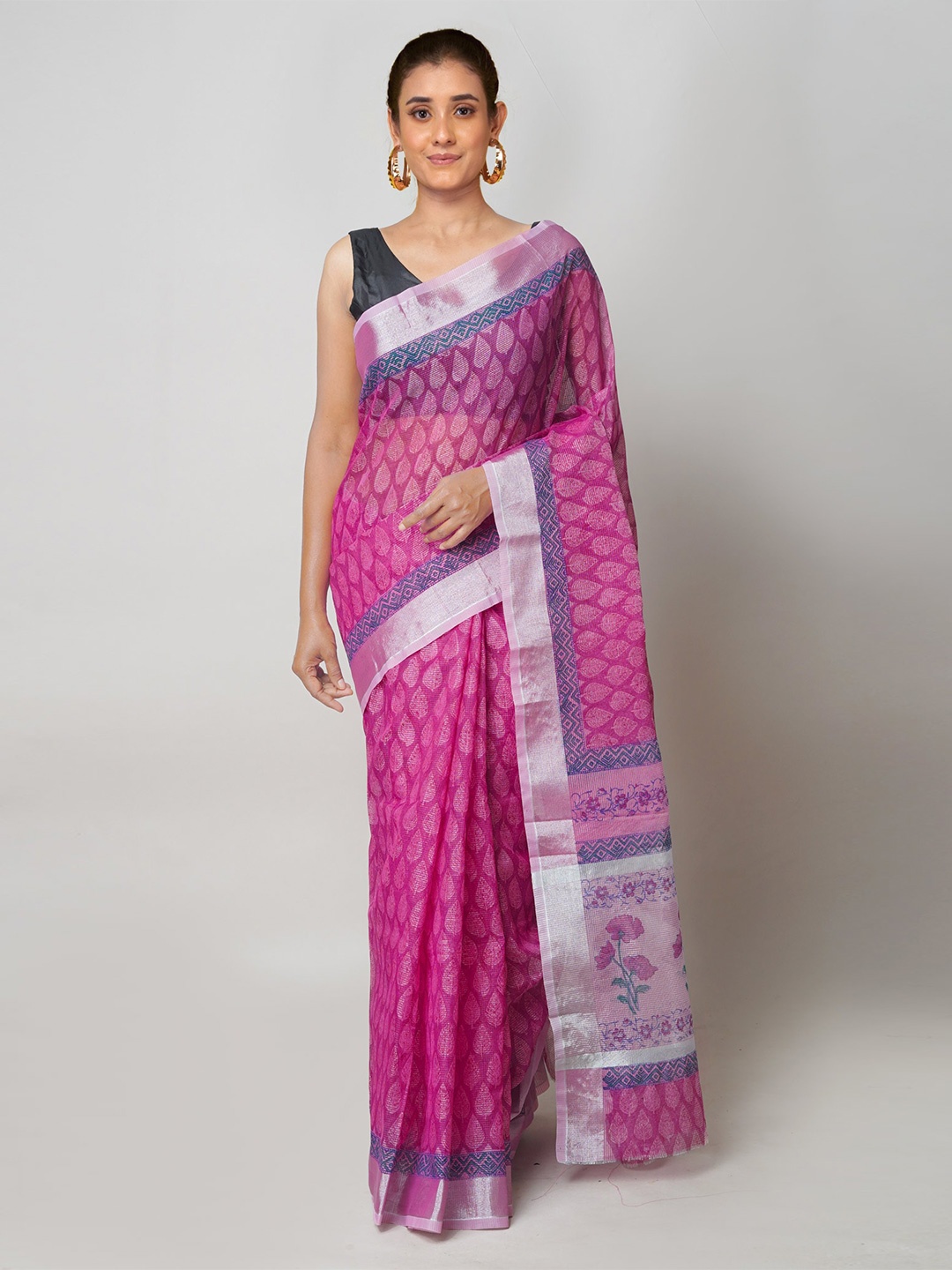 

Unnati Silks Ethnic Motifs Printed Zari Detail Pure Cotton Kota Saree, Pink