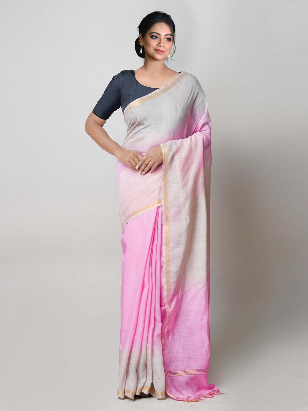

Unnati Silks Ombre Zari Silk Cotton Chanderi Saree, Pink