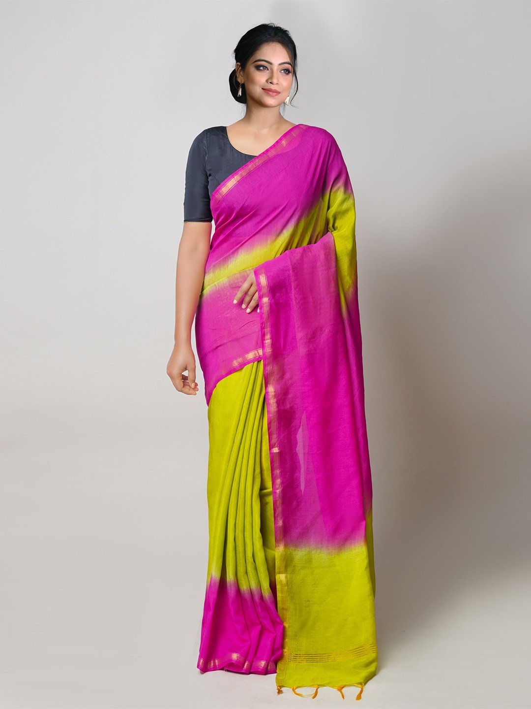 

Unnati Silks Ombre Zari Silk Cotton Chanderi Saree, Pink