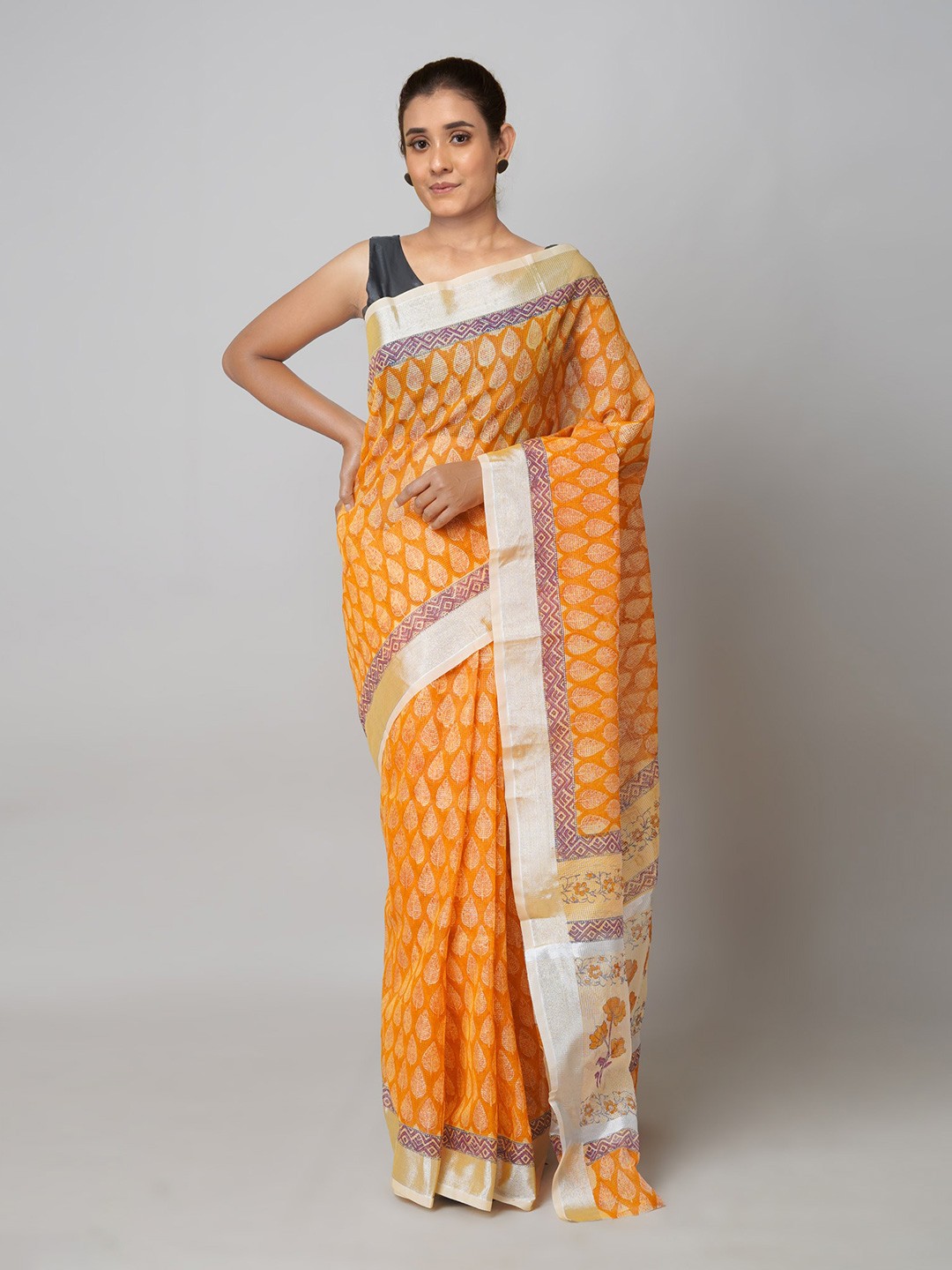 

Unnati Silks Ethnic Motifs Zari Pure Cotton Kota Saree, Orange