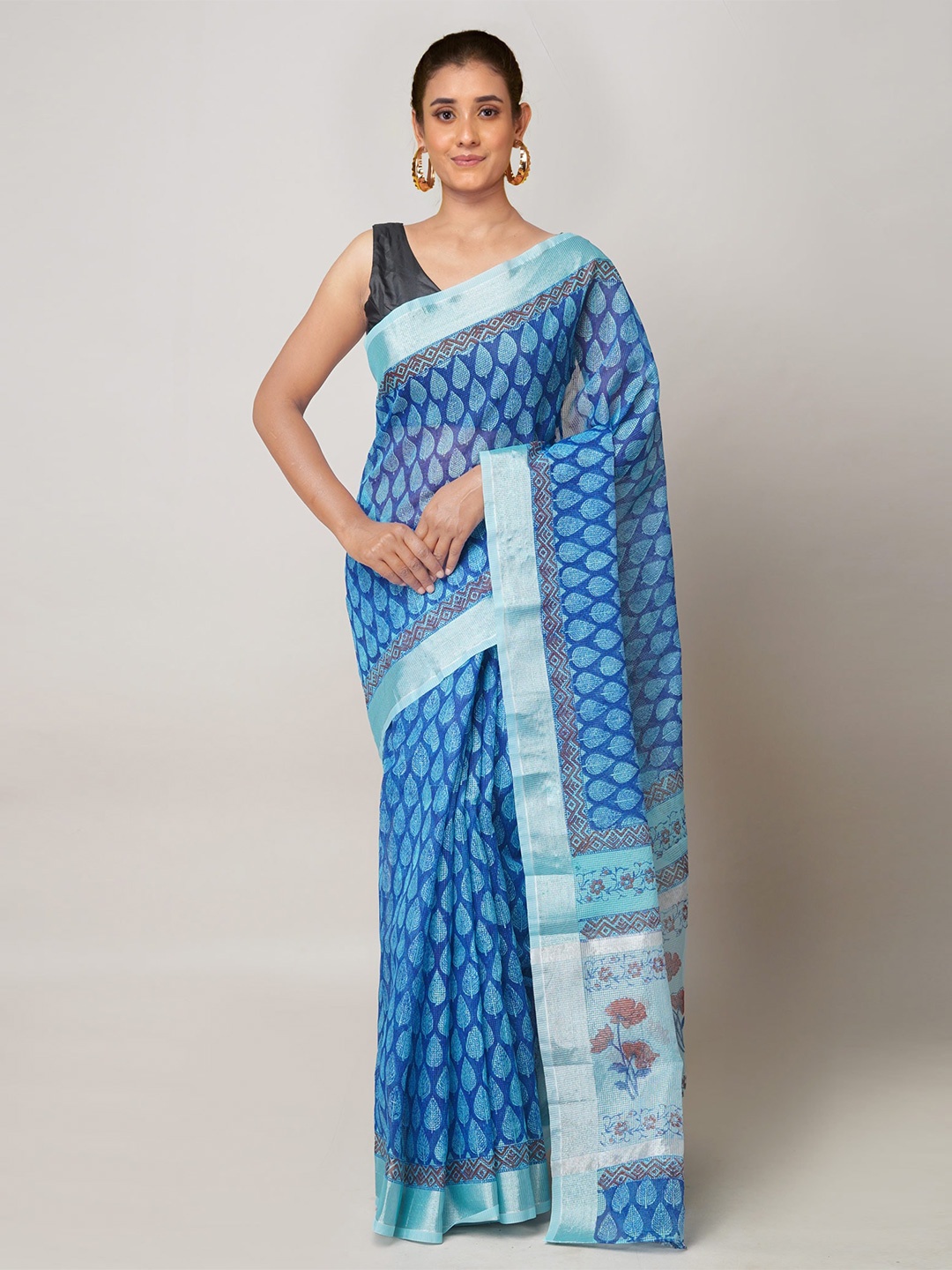 

Unnati Silks Ethnic Motifs Printed Zari Pure Cotton Kota Saree, Blue