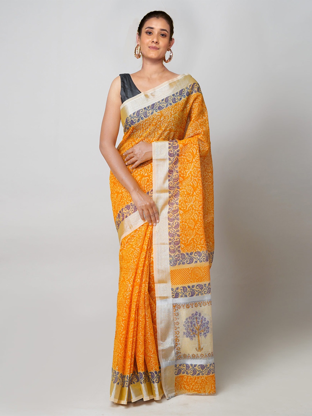 

Unnati Silks Ethnic Motifs Printed Zari Pure Cotton Kota Saree, Orange