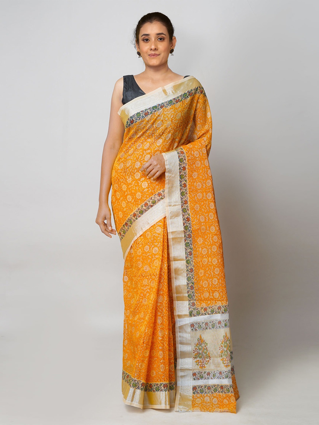 

Unnati Silks Ethnic Motifs Printed Zari Pure Cotton Kota Saree, Orange