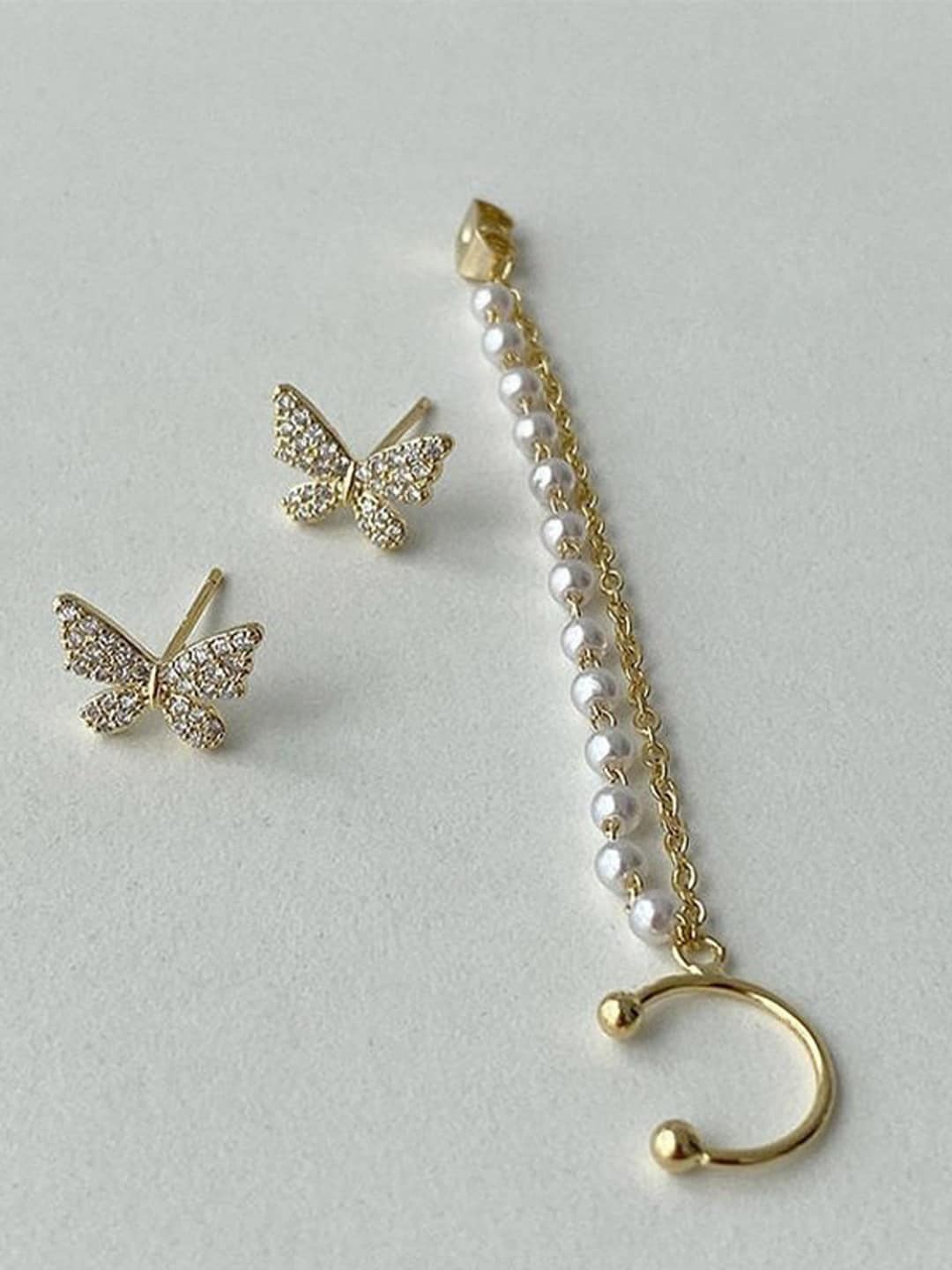 

FIMBUL Gold-plated Classic Butterfly Stone Studded Pearl Chain Ear Cuff Earrings