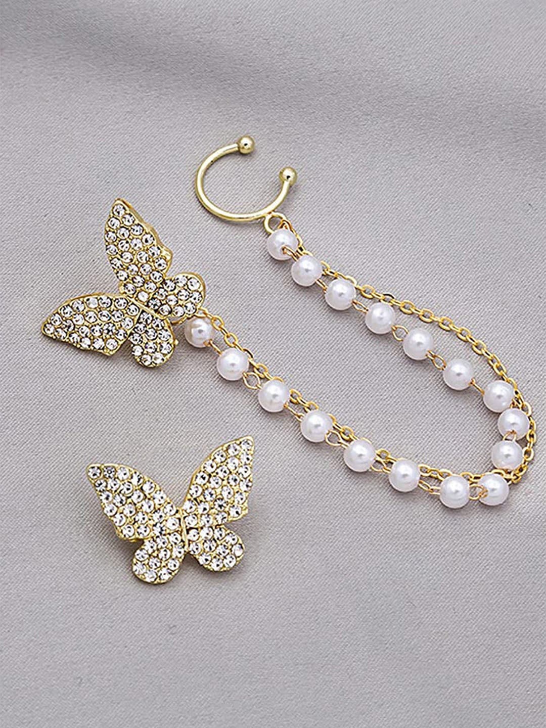 

FIMBUL Butterfly Shaped Stone Studded Beaded Chain Ear Cuffs, Gold