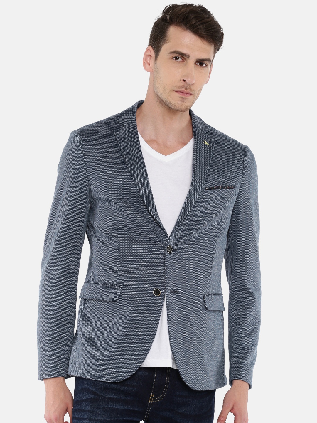 

Arrow Blue Self-Design Zero Calorie Fit Single-Breasted Casual Blazer