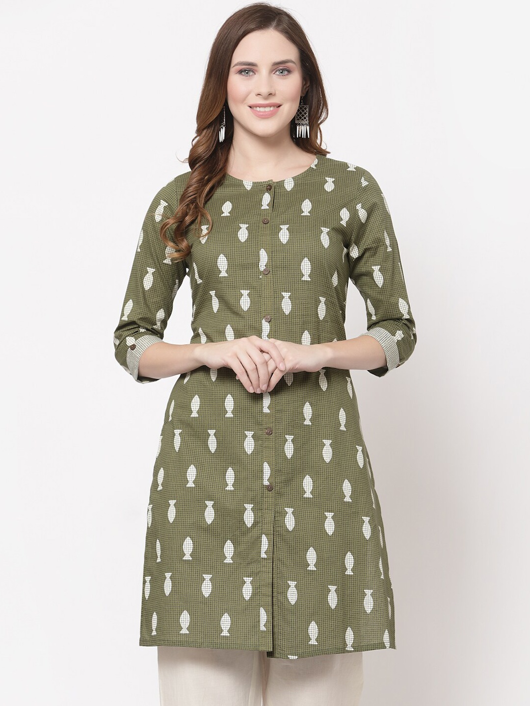 

Avipsa Ethnic Motifs Printed Pure Cotton Kurta, Olive