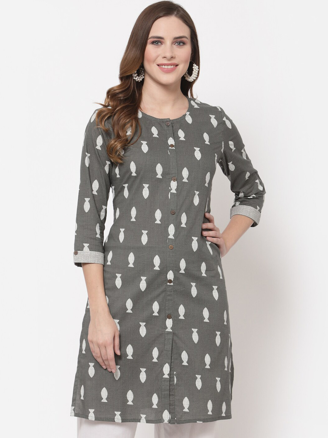 

Avipsa Ethnic Motifs Printed Pure Cotton A-Line Kurta, Grey