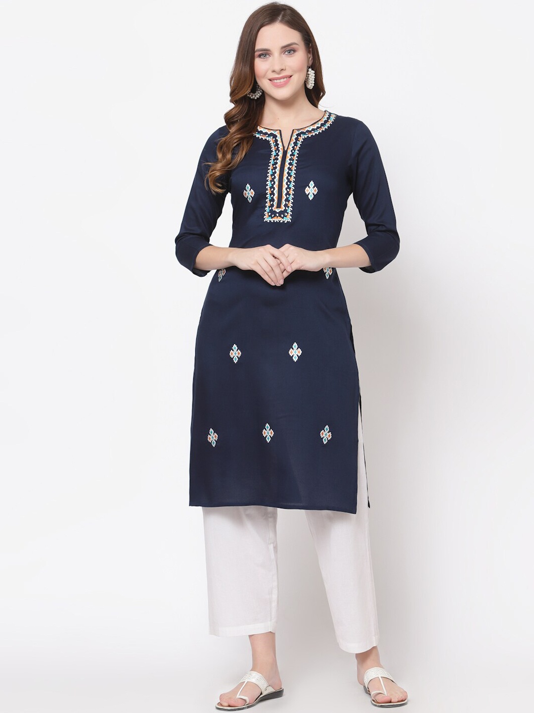 

Avipsa Ethnic Motifs Embroidered A-Line Kurta, Navy blue