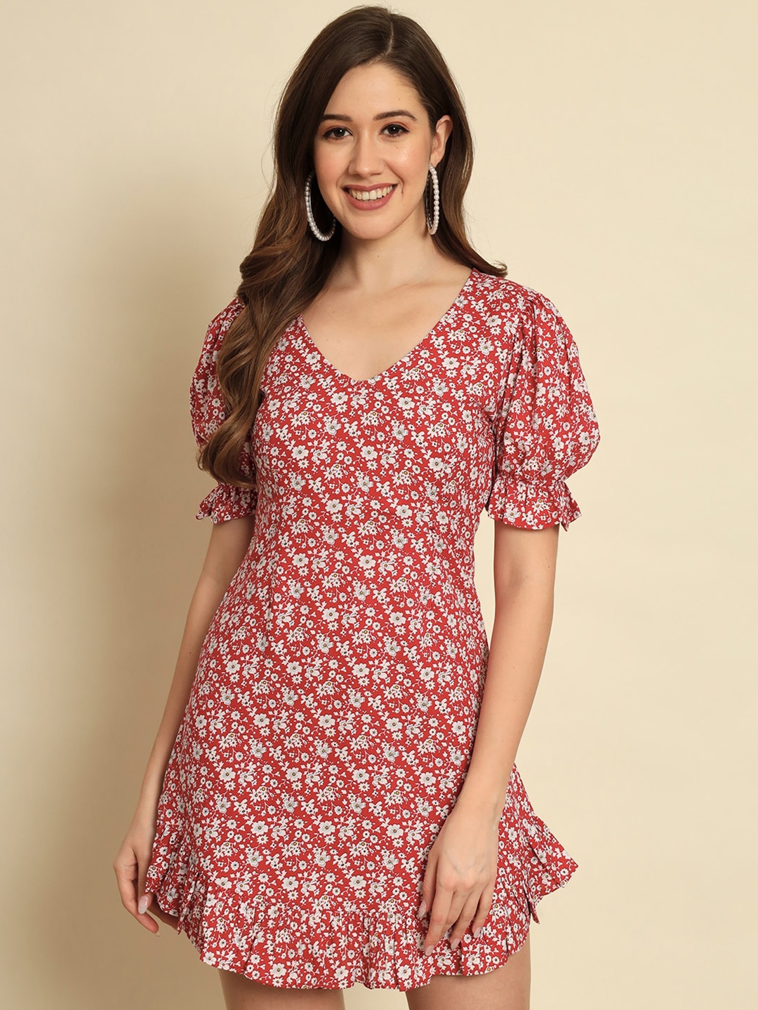 

Trend Arrest Floral Printed V-Neck Puff Sleeves A-Line Mini Dress, Red