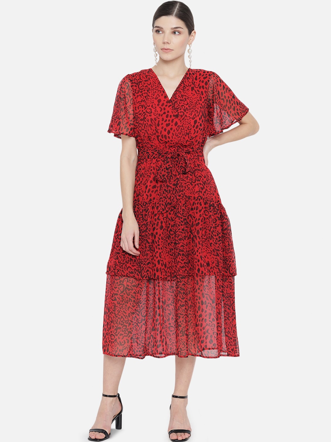 

Trend Arrest Animal Printed Flared Sleeve Chiffon Fit & Flare Midi Dress, Red