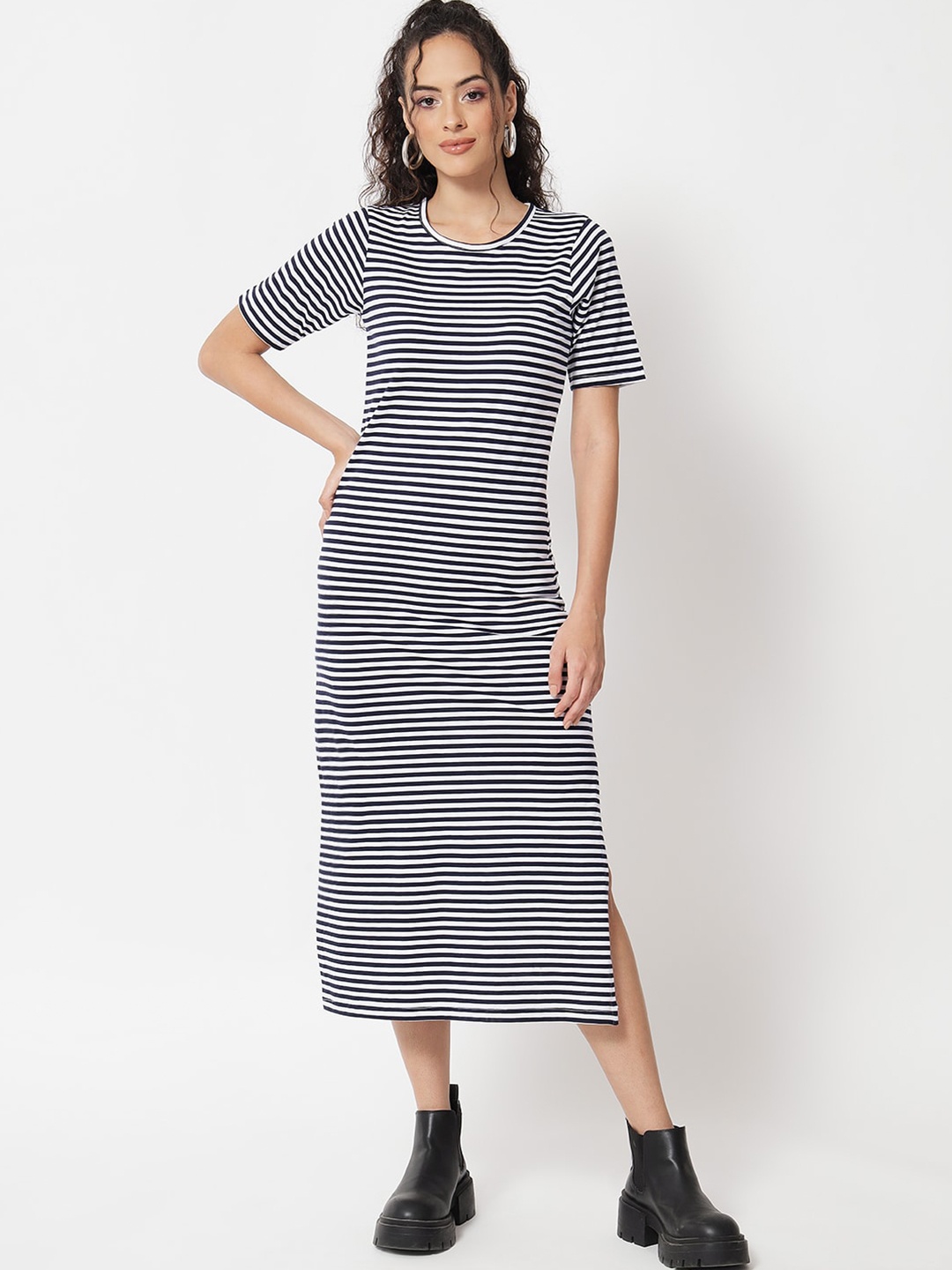 

Trend Arrest Striped Round Neck Monochrome Cotton A-Line Dress, White
