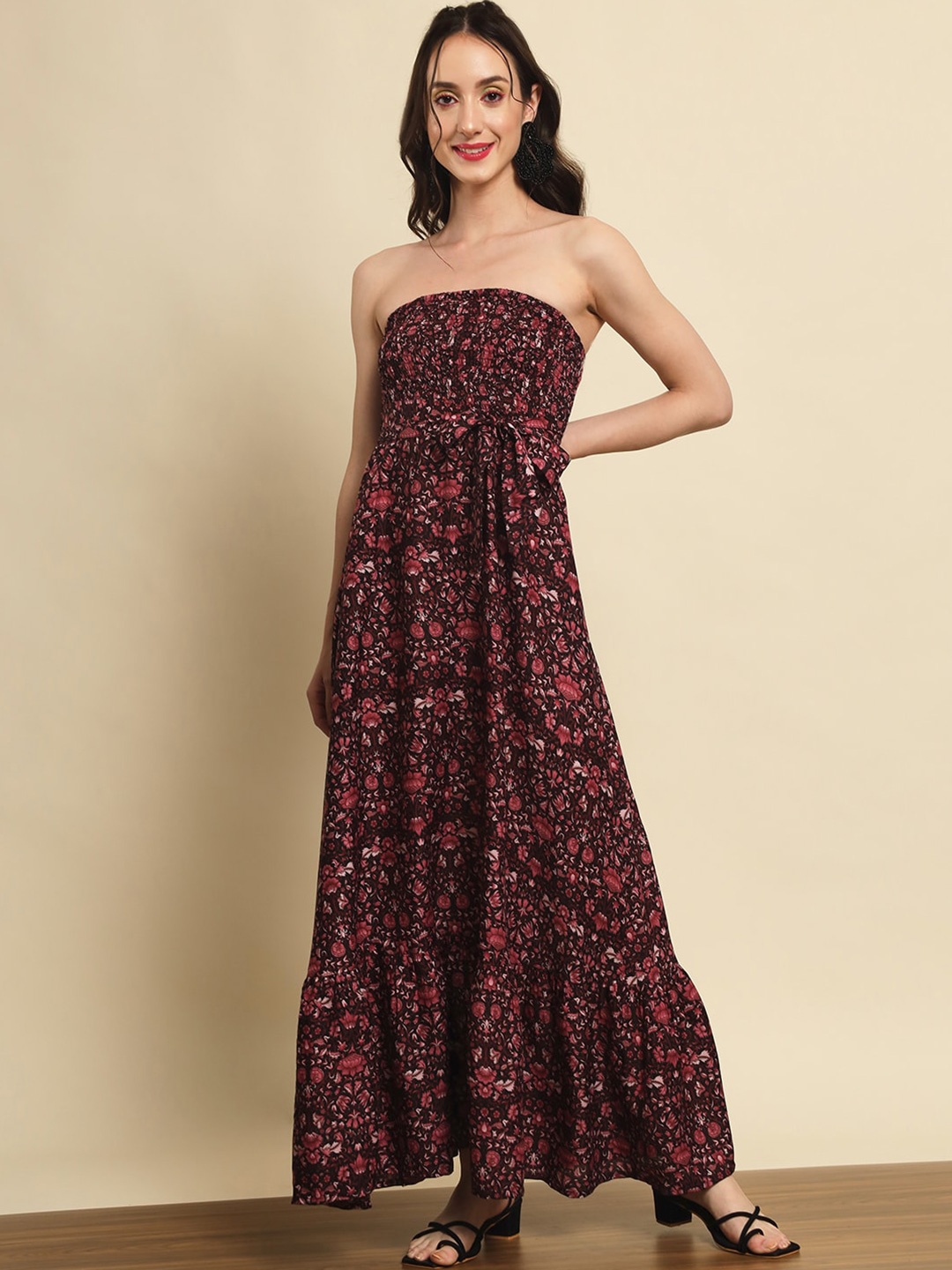 

Trend Arrest Floral Printed Strapless Smocked Tie Up Maxi Dress, Black