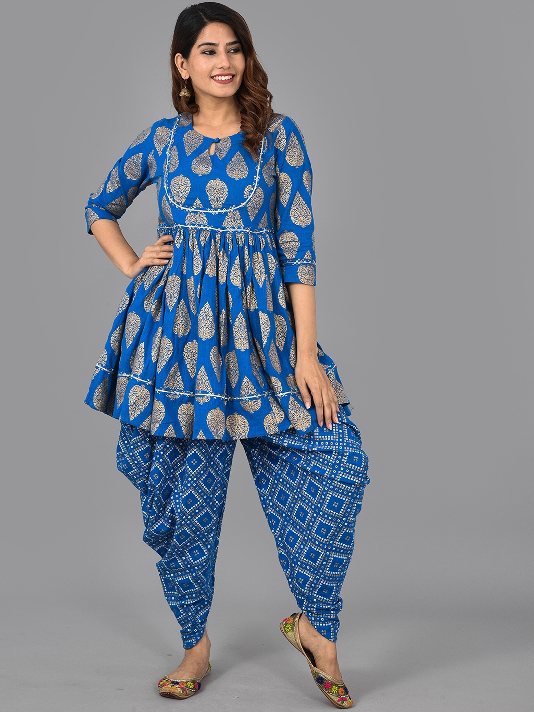 

AAYUMI Ethnic Motifs Printed A-Line Pleated Kurta with Dhoti Pants, Blue