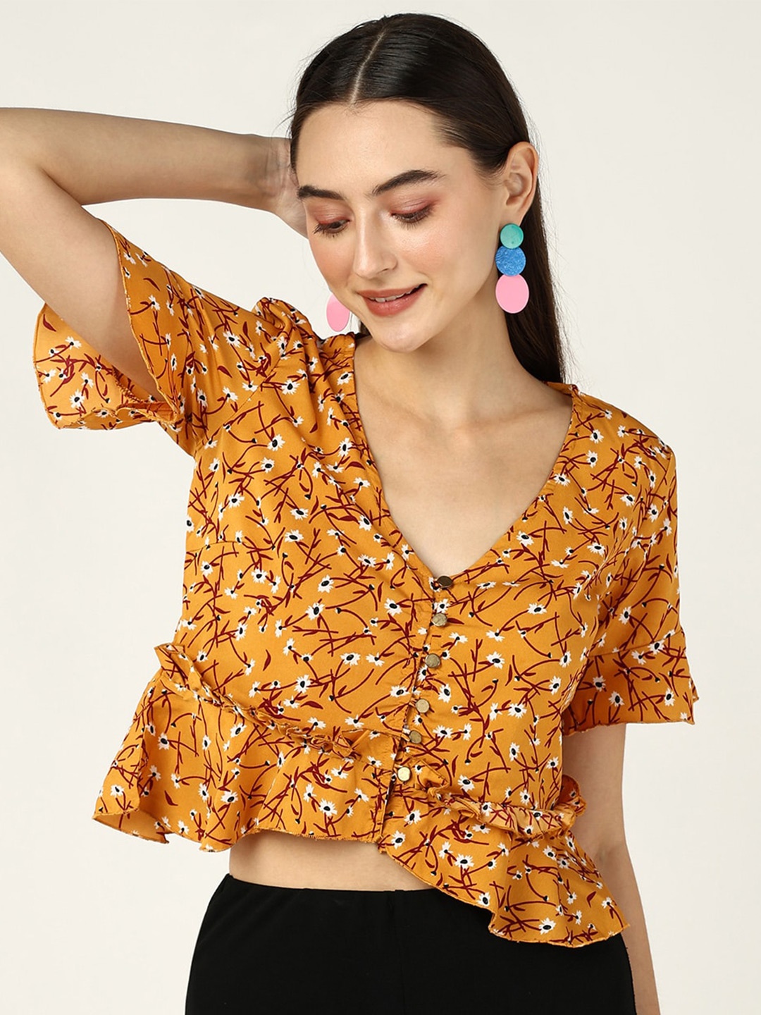 

Mast & Harbour Floral Printed Crepe Crop Top, Yellow