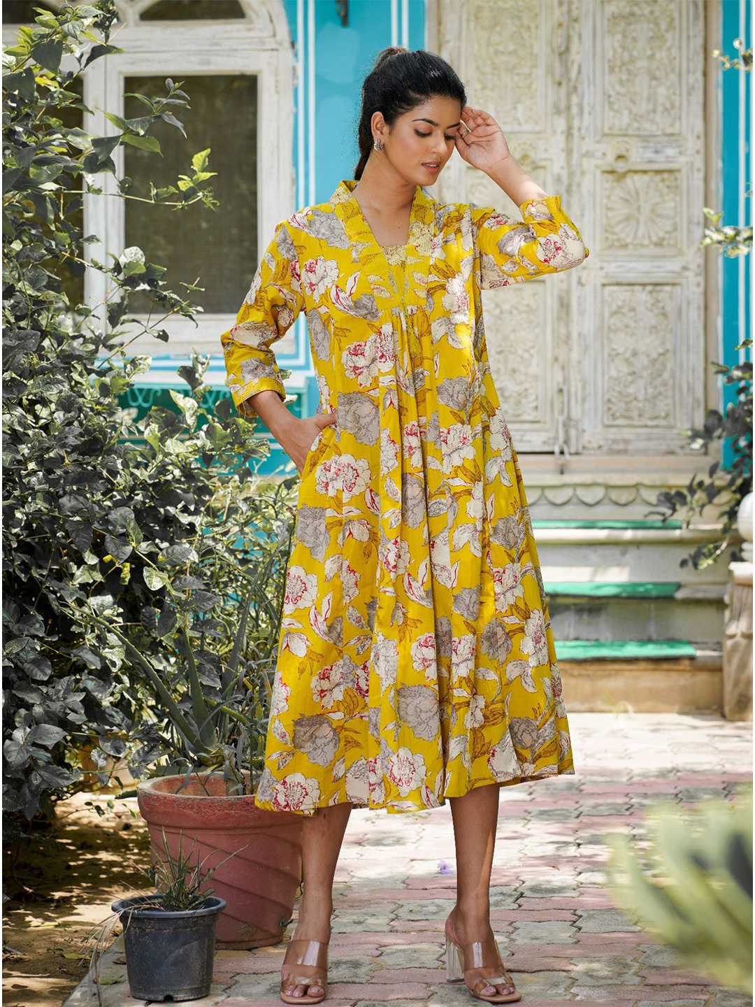 

KAAJH Floral Printed Pleated Cotton A-Line Dress, Yellow