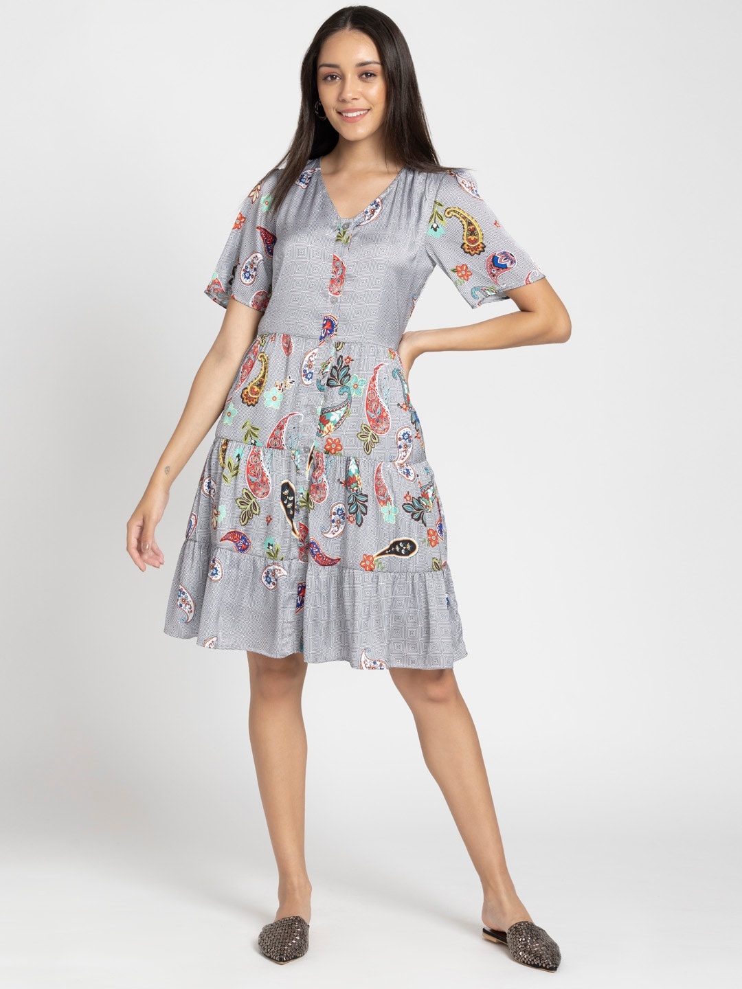 

SHAYE Floral Printed V-Neck Flared Sleeve Fit & Flare Pleated Dress, Grey