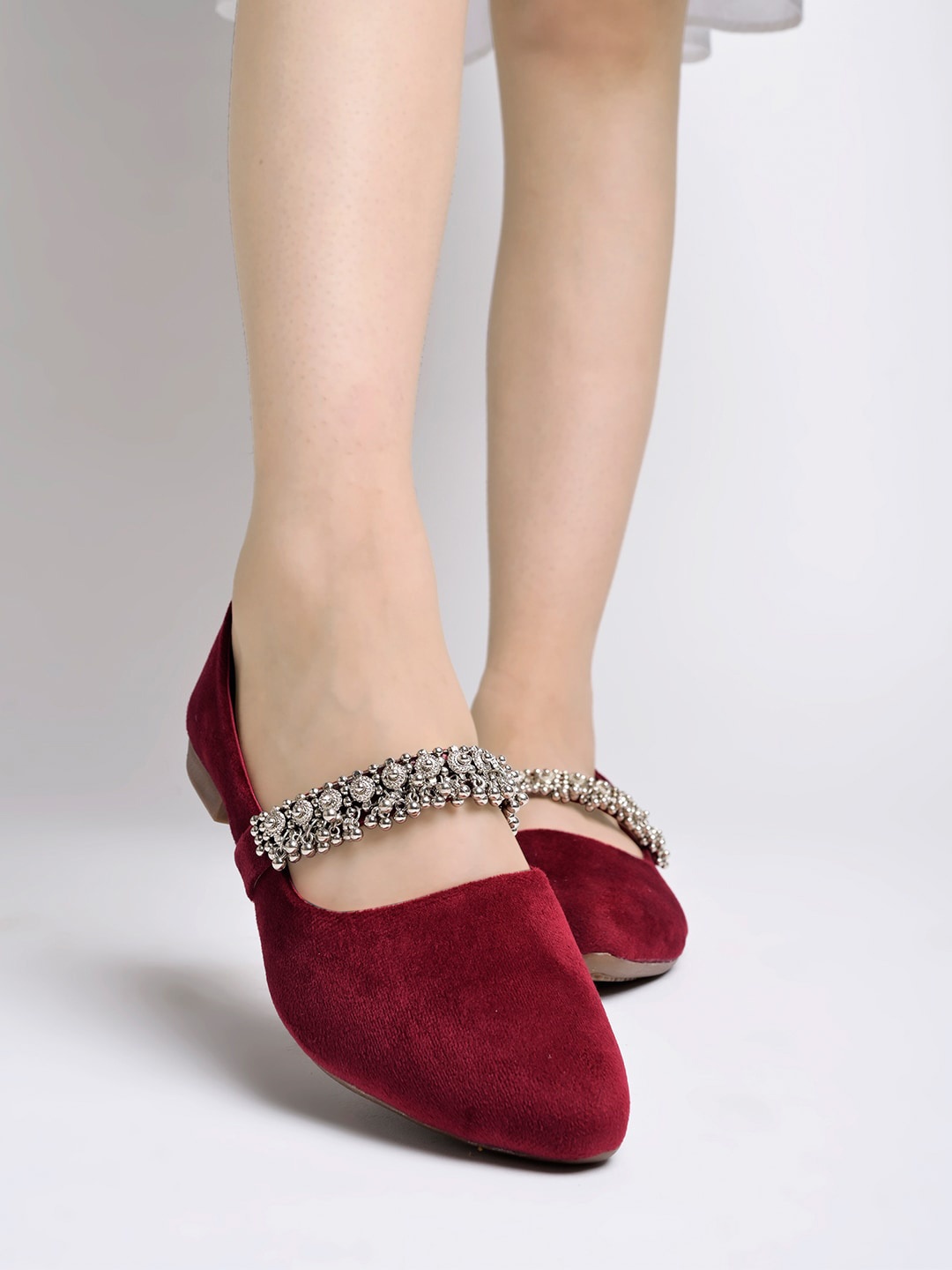 

Shoetopia Embellished Suede Round Toe Ballerinas, Maroon