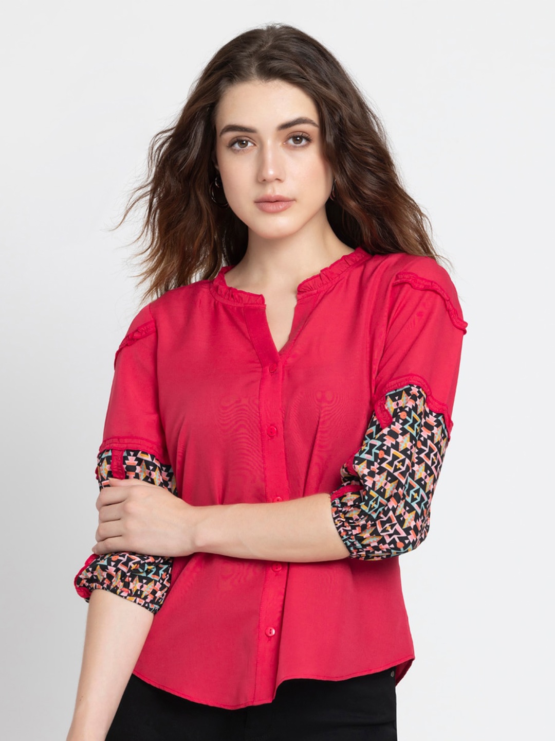 

SHAYE Mandarin Collar Regular Top, Pink