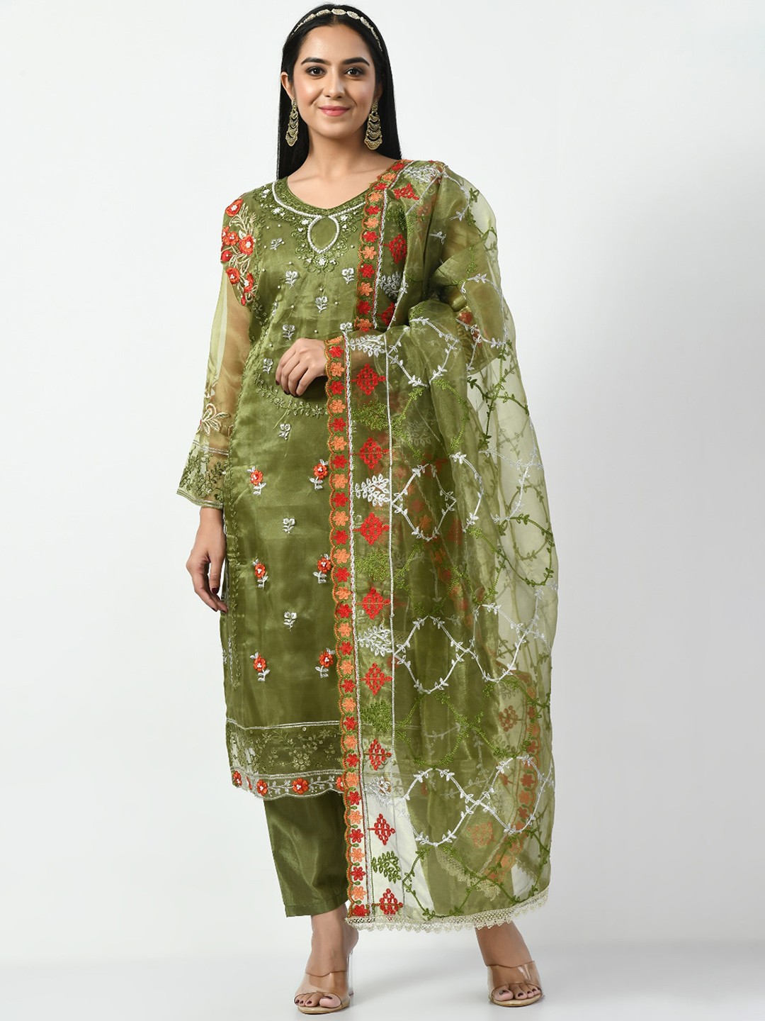

Angroop Embroidered Semi-Stitched Dress Material, Green
