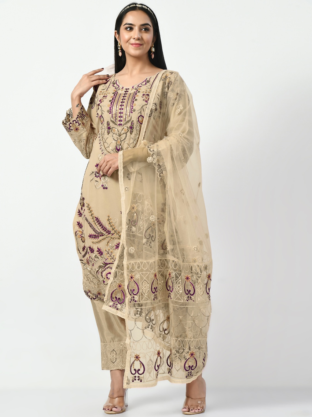 

Angroop Ethnic Motifs Embroidered Sequined Georgette Semi-Stitched Dress Material, Beige