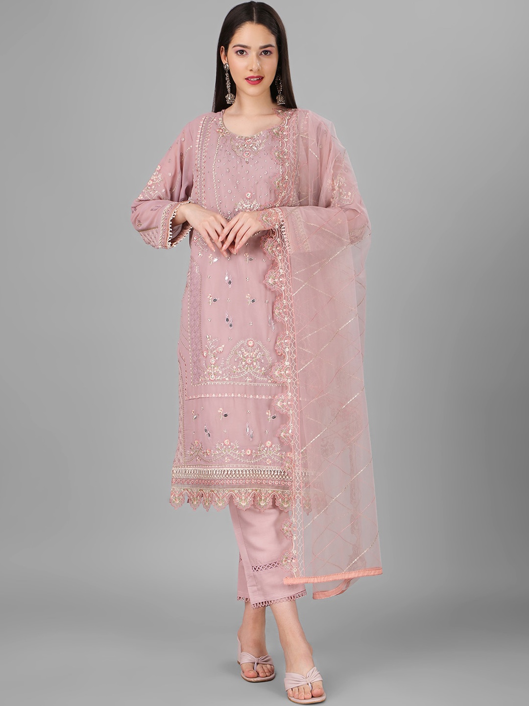 

Angroop Floral Embroidered Semi-Stitched Georgette Dress Material, Pink