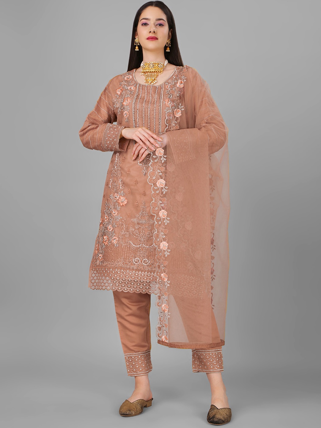 

Angroop Embroidered Semi-Stitched Dress Material, Brown