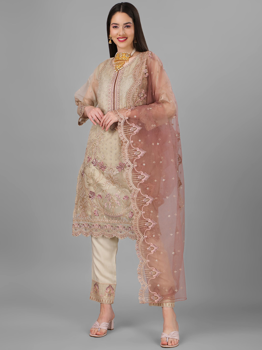 

Angroop Floral Embroidered Sequined Georgette Semi-Stitched Dress Material, Cream