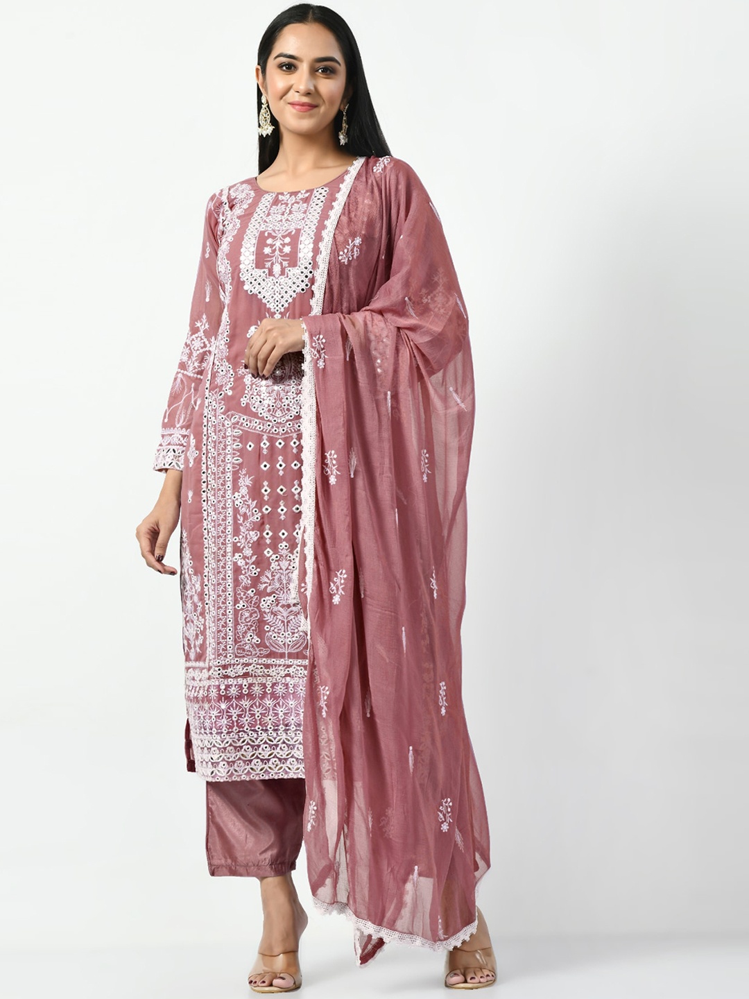 

Angroop Ethnic Motifs Embroidered Regular Thread Work Kurta with Trousers & Dupatta, Rust