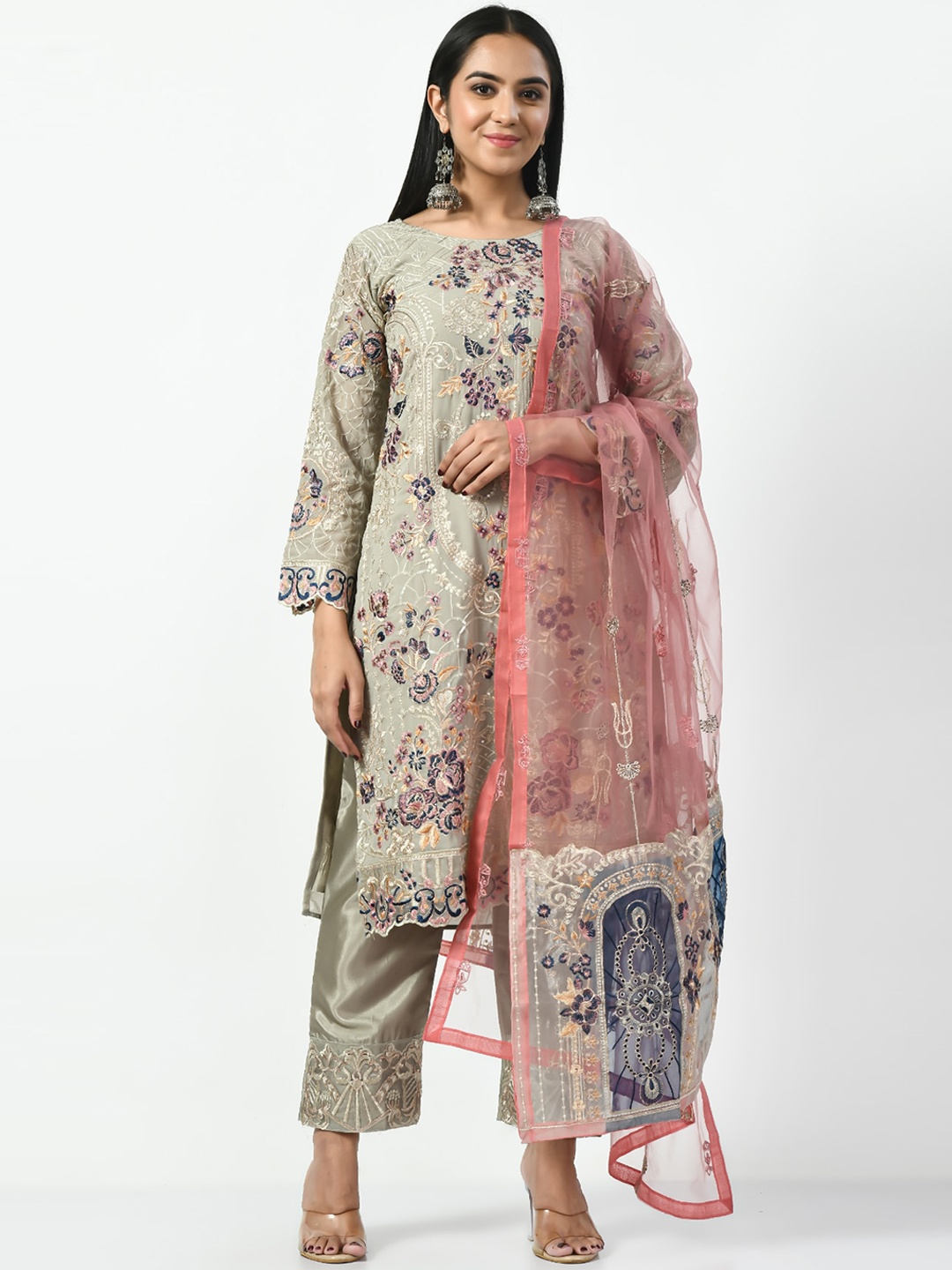 

Angroop Ethnic Motifs Embroidered Regular Thread Work Kurta with Trousers & With Dupatta, Grey