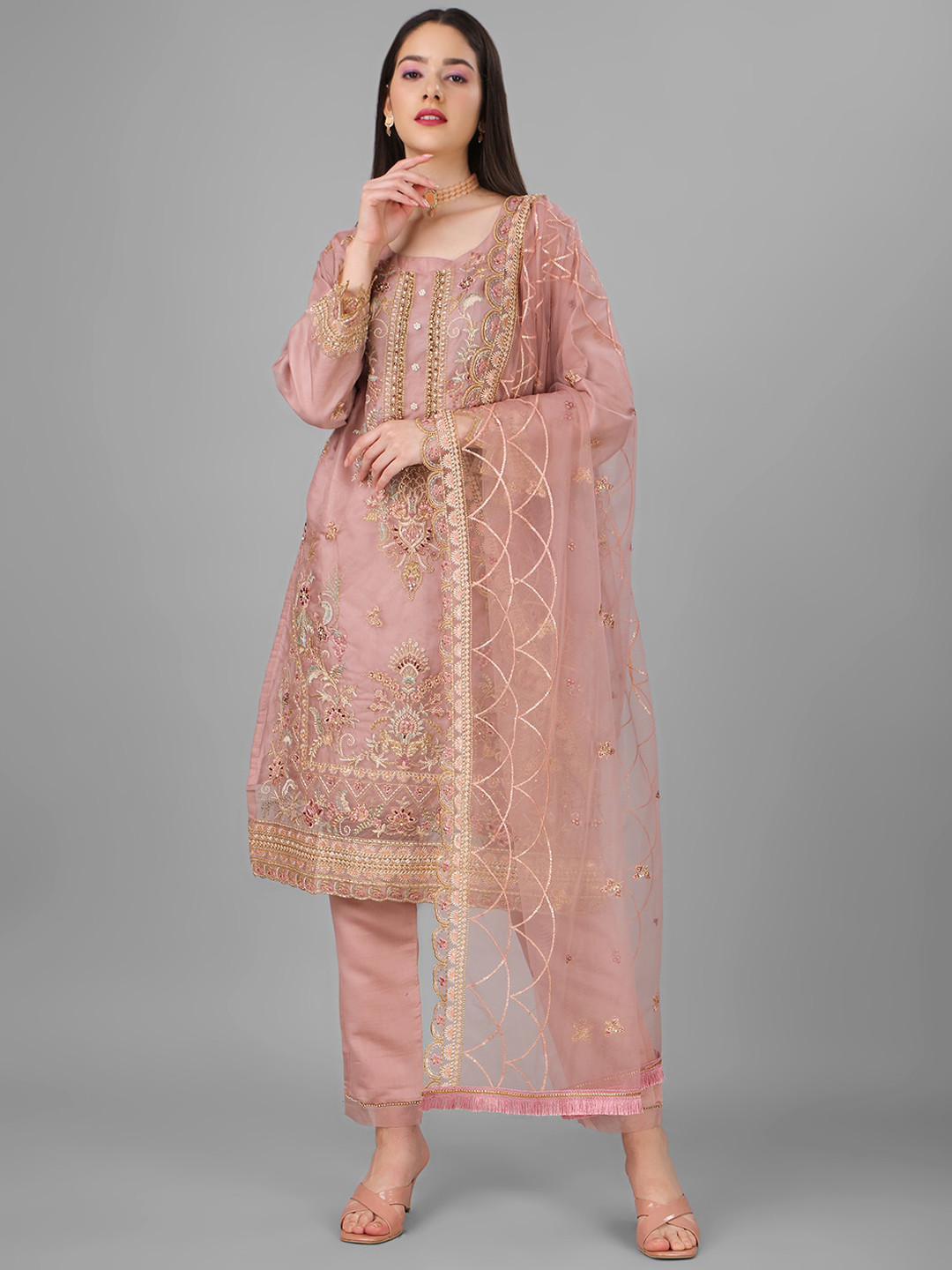 

Angroop Floral Embroidered Semi-Stitched Georgette Dress Material, Pink